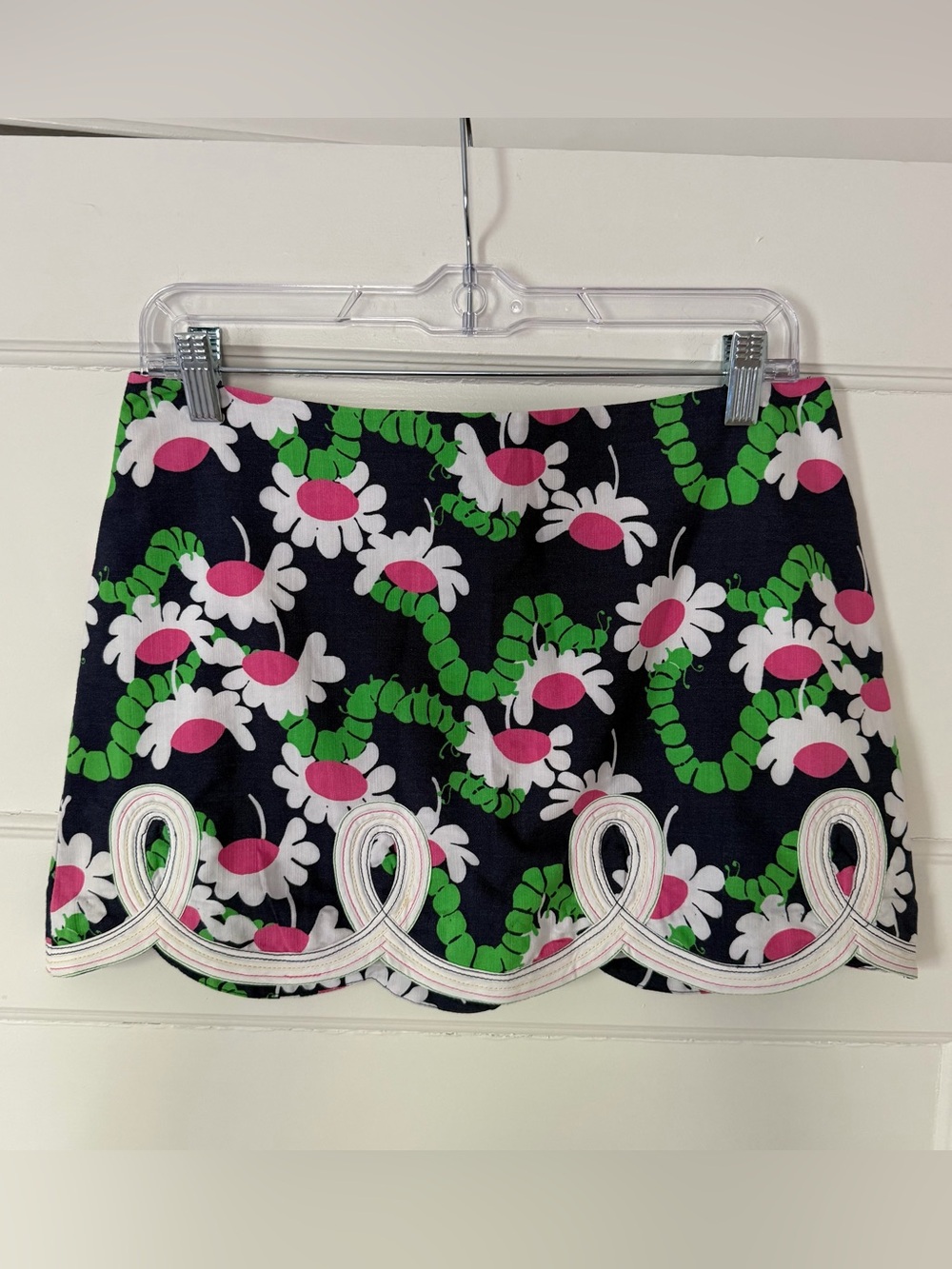 Lilly Pulitzer Caterpillar Floral Mini Skirt Scalloped Hem Navy Pink Green